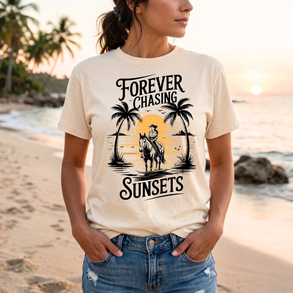 Coastal Cowgirl Western Boho Retro Sunset Horse Riding Graphic Tee Cream Boho